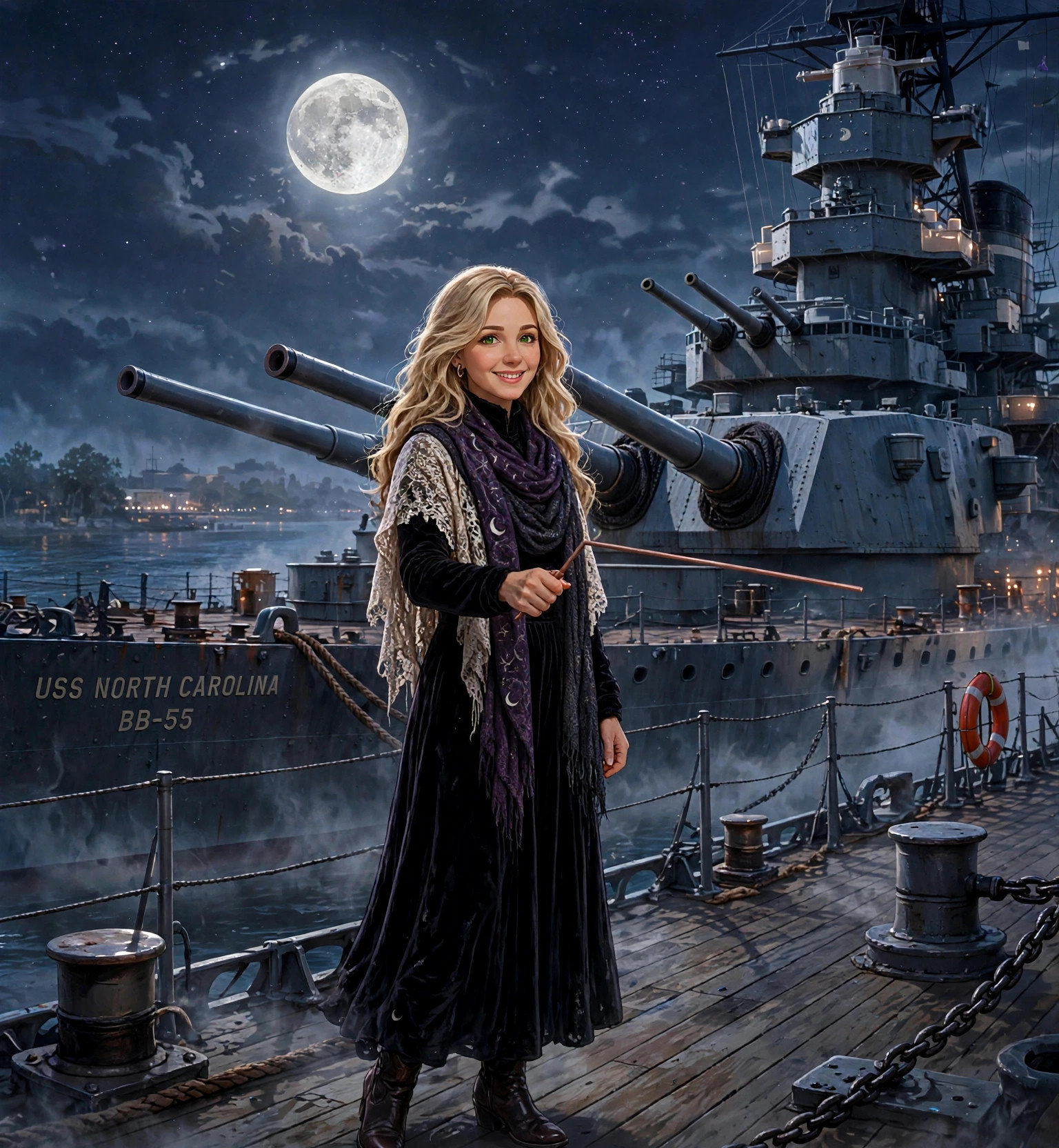 Ghost of the Battleship — Mercedes on the haunted battleship deck at night