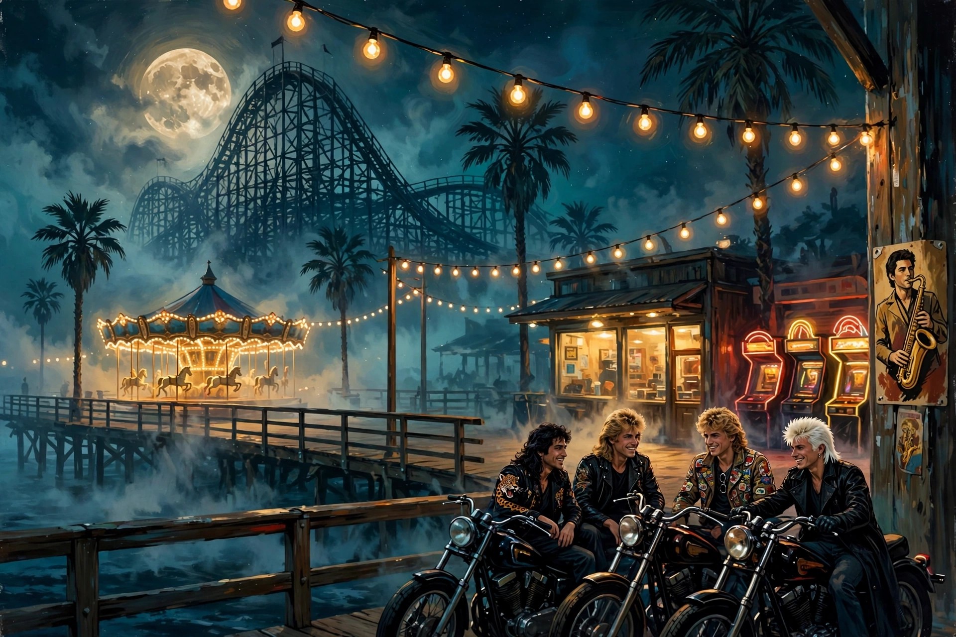 Santa Carla — the four riders on the boardwalk at night
